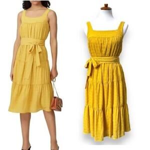 Slate & Willow Gauze Tiered Layered Tie Waist Midi Dress Mustard Yellow Womens 2